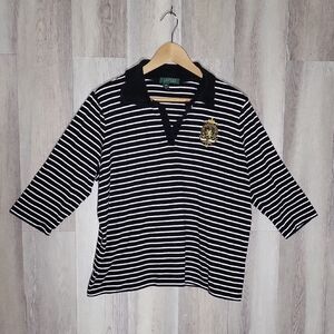 Lauren RL‎ Womens Striped Polo Embroidered Crest Black White Collared Polo Rugby